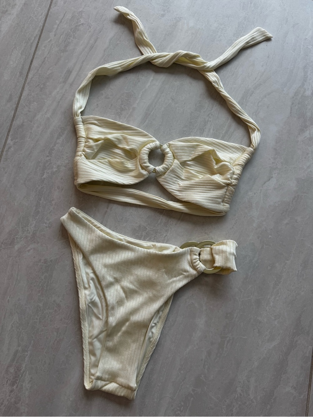 Monday Swimwear Textured Ring-Accent Bikini Set in Ivory